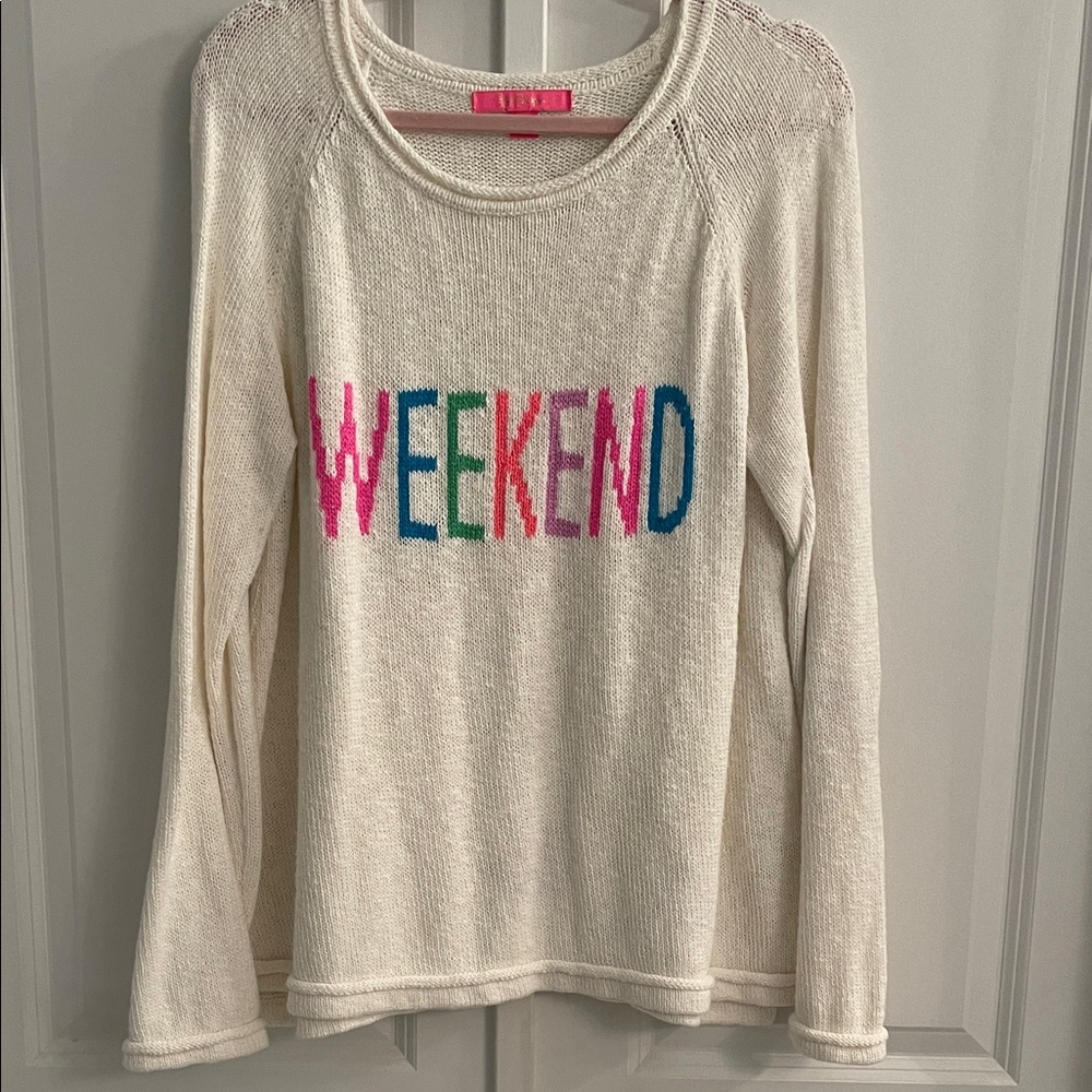 Lilly Pulitzer Cream Sweater with Colorful Weekend Text
